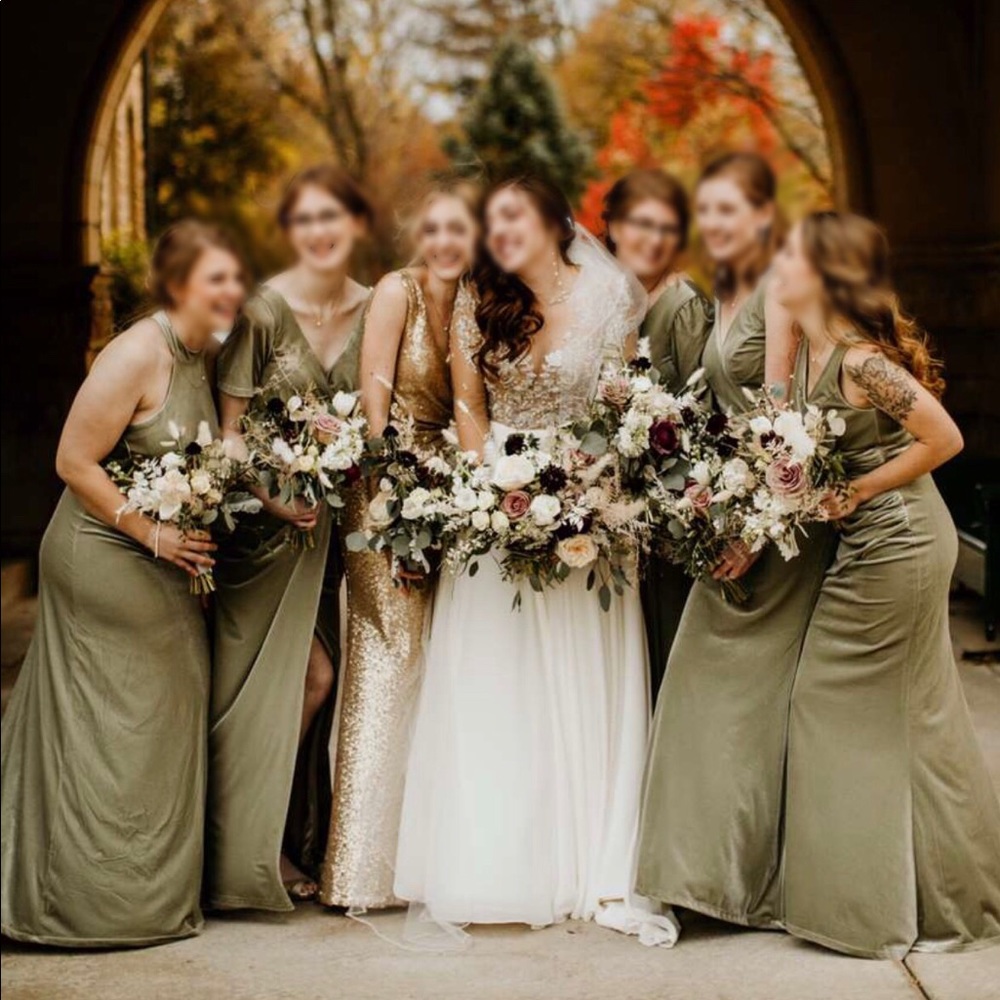 Revelry Dakota Sage Velvet Bridesmaid dress